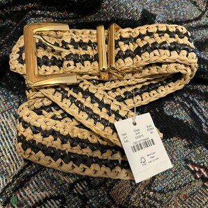 J.Crew Woven Stripe Raffia Belt w Gold Square Buckle Black Tan Stretch CG304 NWT
